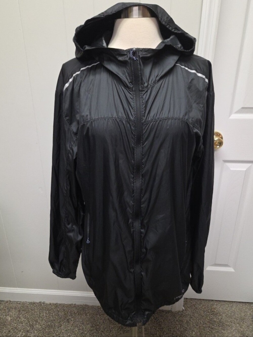 Lands'End Hooded Zip Rain Coat Jacket Black Solid Long Sleeve Women Size M